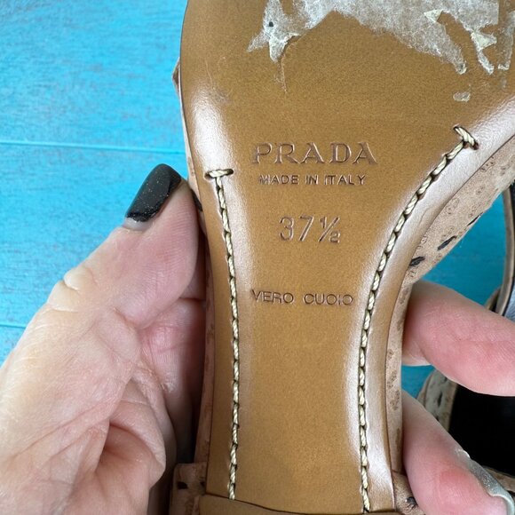 PRADA Tan Ostrich Suede Stitched Pointed Toe Kitten Heels Size 37.5 US 7.5 - Picture 10 of 12